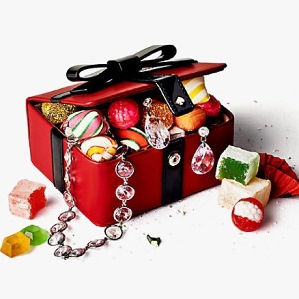 KATE SPADE GIFT/CANDY BOX LEATHER JEWELRY BOX IN RED CURRANT BLACK BOW NEW